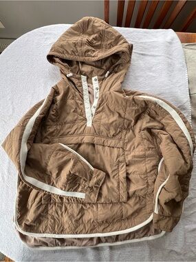 Tan Hooded Pullover Puffer Jacket with Contrast Trim